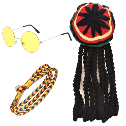FUIPVGI 3 Piezas Sombrero Rasta Dreadlocks con Pulsera Trenzada de Gafas Amarillas, Sombrero Reggae Rasta, Accesorios de Peluca de Rastas...