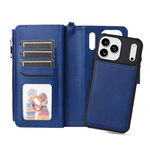 Étui portefeuille iPhone 17 Air en cuir bleu amovible avec fermeture éclair et rabat magnétique