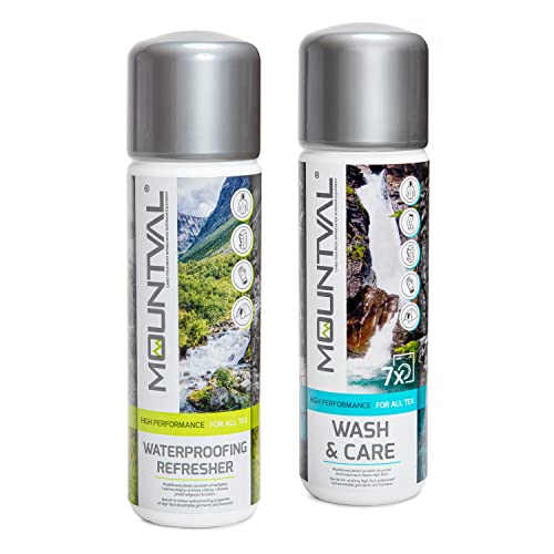 Mountval Set Cuidado de Ropa Clima Húmedo, Wash & Care (315 ml), Refrescante Impermeabilizante (300 ml), Protección Ropa Técnica, Equipo y Material de Senderismo Incluido Gore-Tex