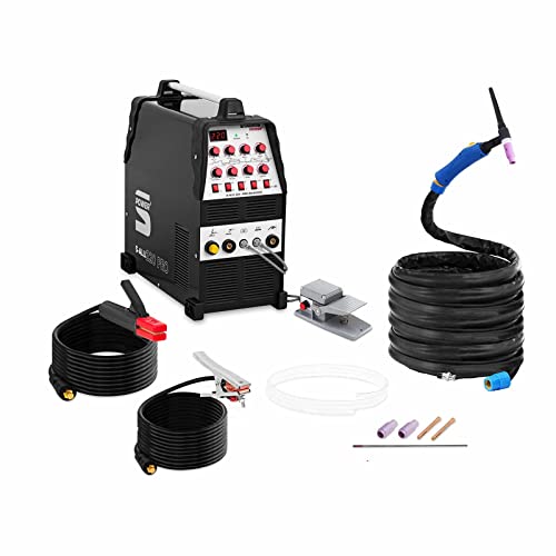 Stamos Welding Poste À Souder TIG AC-DC/MMA Inverter MOSFET, 220 A / 60% DC, Câble et pack de tuyaux de 8 mètres, 2 temps /4 temps/Fonction pulsée)