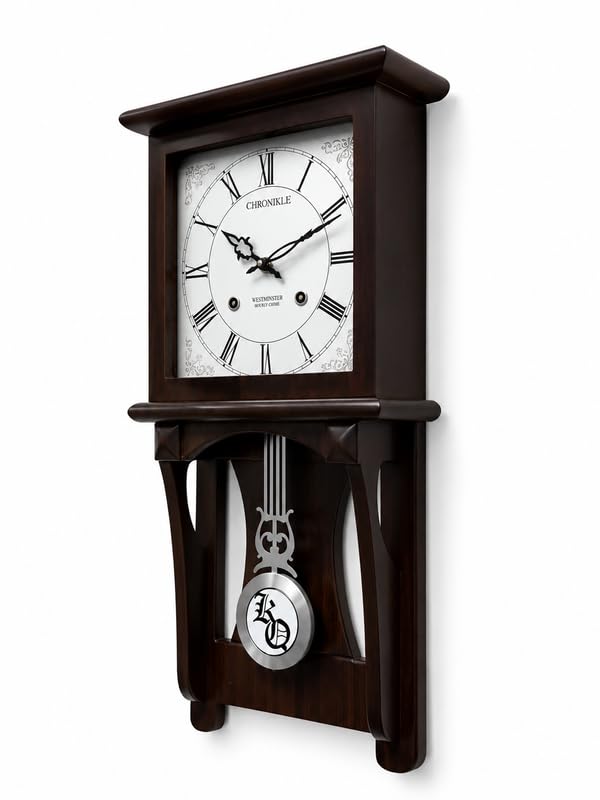 Image of Premium Wooden Pendulum Wall Clock with Musical Chime Sound, Roman Numeral White Dial, Silent Sweep Quartz Movement, Classic Rose Wood Finish, Battery Operated Decorative Wall Clock (22 x11x 3.5 Inch)
