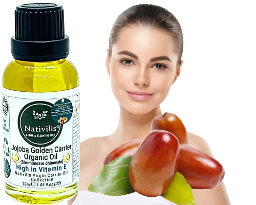 Nativilis Organic Jojoba Golden Carrier Oil (Simmondsia chinensis) 30ml / 1.05 fl oz, Cold Pressed, 100% Pure, Non-Greasy