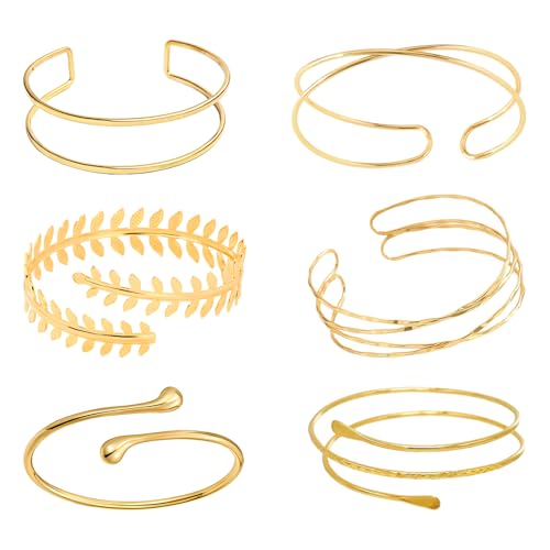 AHEJIOO Armreif gold Damen Set, 6-teiliges Verstellbares Oberarmreif Gold Schmuck, 14K Vergoldet, Armreif Gold Oberarm mit Minimalistischem Design für Partys und Besondere Anlässe