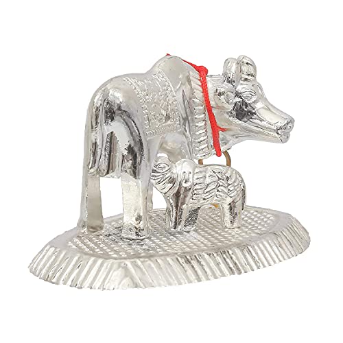 Image of Silver Small Metal Kamdhenu Cow and Calf Idol Holy Spiritual Showpiece for Vastu, GAI bachda, Good Luck Gift, Kamdhenu Gau MATA, Pooja Temple Decor for Navratri Diwali Gift- 5x5x2 CM