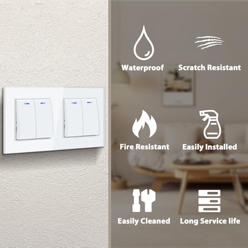 BSEED Lichtschalter Unterputz mit Steckklemme, Lichtschalter Glas 2 Fach 1 Weg+2 Fach 1 Weg, Taster Schalter Unterputz mit LED Kontrollleuchte, Wandschalter für Wohnzimmer, Büro, Küche-Weiß