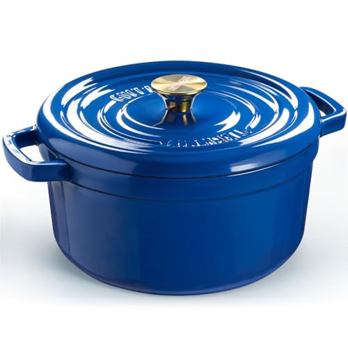 Overmont Horno holandés de hierro fundido esmaltado, olla de 5 cuartos con tapa, libro de cocina y agarraderas de algodón, utensilios de cocina resistentes para estofar, guisos, asar, hornear pan,