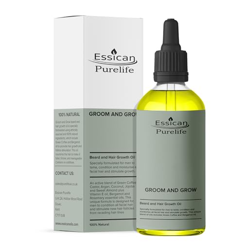 Essican Purelife Aceite para Barba Hombres 100ml, Aceites para el Crecimiento de Barba, Hidratante, Suaviza, Fortalece y Estimula el Crecimiento de Barbas y Cabello, Aceite Capilar