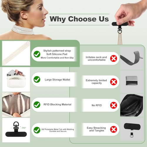 Image of YFWE Clip and Go Strap for Phone with Wallet Crossbody, Adjustable Phone Lanyard with Detachable RFID Wristlet Wallet, Pattern Strap, Cream (M)
