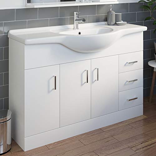 1200mm Bathroom Vanity Unit & Basin Sink Gloss White Floorstanding Tap + Waste