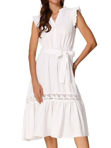 Allegra K Sleeveless Summer Dress for Women's Casual V Neck Ruffled Hem Sundress a Line Flowy Beach Dress Cream White S