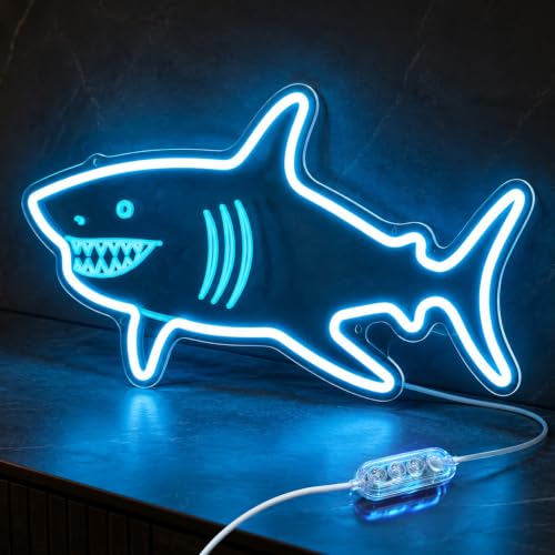 Welltodo Shark Neon Sign Motion Sensor Auto On/Off Neon Light Sign with 3-Key Dimmable Dual Mode Safe Acrylic Flexible LED Shark Night Light USB Powered Wall Decor Neon Signs for Bedroom Room Bathroom Party Shark Gifts