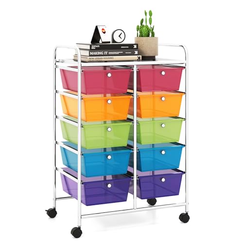 Image of LDAILY 10 Drawer Rolling Cart, Storage Cart Organizer on Wheels, Drawer Cart with Metal Frame & Large Storage Capacity, Rolling Cart with Drawers for Living Room Classroom, Office