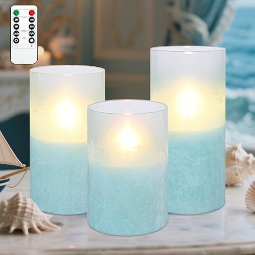 Image of MELTONE Sandblasted Lake Blue Flameless Candles with Remote & Timer, Real Wax Glass Ocean LED Candles, Home Holiday Farmhouse Christmas Summer Nautical Decor, Set of 3