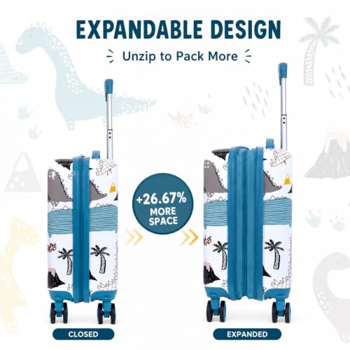 Image of CCJPX 5Pcs Kids Luggage for Boys, 16 inch Travel Suitcase Set with Spinner Wheels, Dinosaur Hardside Carry on Toddler Rolling Suitcase Airline Approved (White)