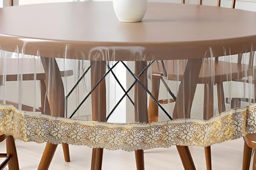 Image of The Furnishing Tree Round Shaped 4 Seater Transparent Table Cover WxL 60x60 inches 0.25 mm Thickness with Golden Lace