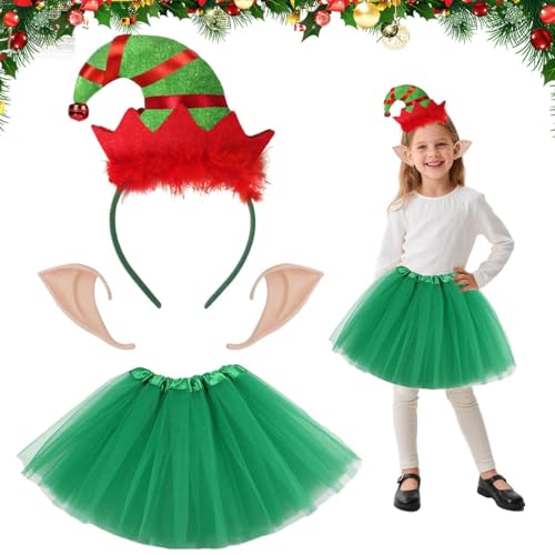 GTJEOI Costume Lutin Enfant, Deguisement Lutin Noël Enfant avec Oreilles d'Elfe, Robe Tutu, Serre-Tête de Luti-n, Costume Elfe Fille pour Noël, Mascarade,...