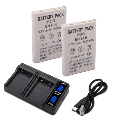 2-Pack EN-EL5 Battery with USB-C Smart LCD Dual Charger for Nikon CoolPix P80, P90, P100,P500,P510,P520,P530,P5100, P5000, P6000, 3700, 4200, 5200, 5900, 7900, P3, P4,S10 Camera