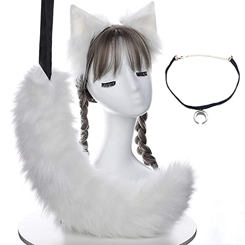 きつね しっぽ 猫耳 カチューシャ チョーカー コスプレ小道具 3点セット 狐耳 狼 尻尾 アクセサリー スプレ コスチューム 用 衣装 仮装 変装 ハロウィン パーティー 文化祭 グッズ 男女兼用 (ホワイト)（Amazon）