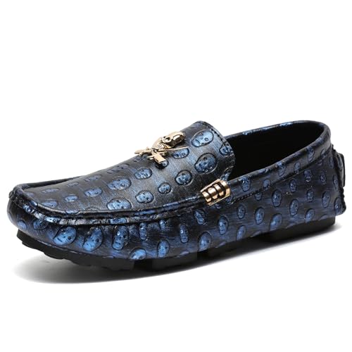 Men's Leather Driving Loafers Slip-on Moccasins with Skull Pattern Metal Buckle Outdoor Walking Penny Casual Shoes