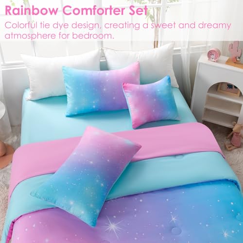 Image of 6 Pcs Girls Twin Comforter Set with Sheets Colorful Rainbow Pink Blue Ombre Kids Bedding Sets Tie Dye Galaxy Glitter Bed in A Bag for Bedroom (Pink Blue, Twin)