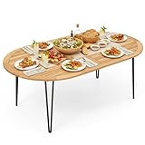 Tangkula 79' Large Patio Dining Table for 6, Acacia Wood 6-Person Dining Table with 2.5' Umbrella Hole & Metal Legs & Adjustable Foot Pads, Oval Outside Table for Garden, Poolside & Backyard