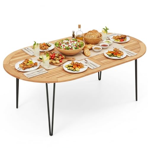 Tangkula 79" Large Patio Dining Table for 6, Acacia Wood 6-Person Dining Table with 2.5" Umbrella Hole & Metal Legs & Adjustable Foot Pads, Oval Outside Table for Garden, Poolside & Backyard