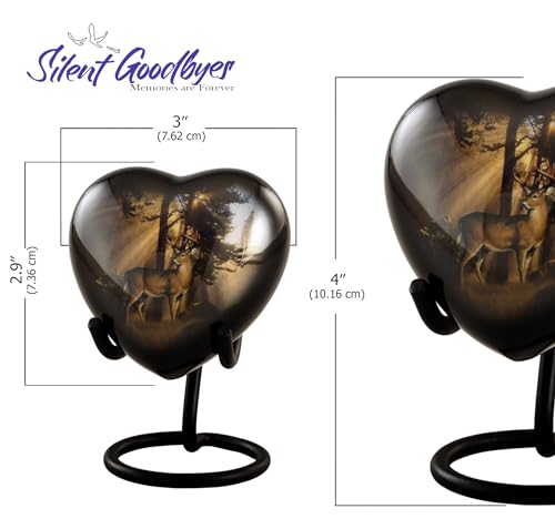 Image of Gone Hunting Deer Heart Keepsake Urn with Sunrays - Majestic Buck Sharing Urn - Handcrafted Mini Memorial Cremation Urn for Human Ashes with Display Stand & Velvet Box (Heart Keepsake)
