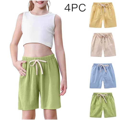 4-Pack Girls Cotton Linen Shorts Casual Kids Comfy Elastic Waist Loose Summer Beach Shorts with Pockets for 2-12 Years2