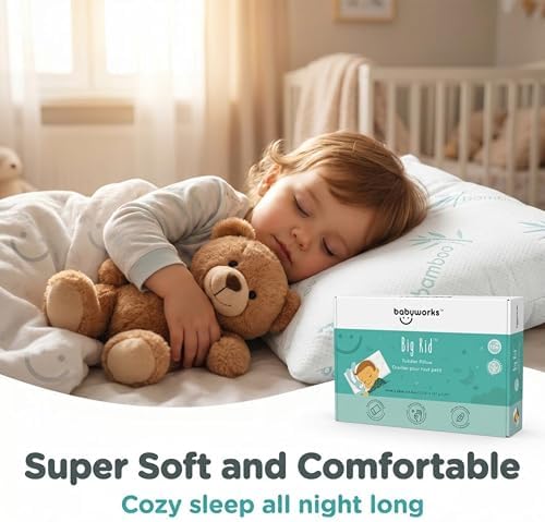 Baby Works Toddler Pillow - Soft, Supportive and Breathable Memory Foam with Hypoallergenic Bamboo Cover, Chiropractor Recommended, Washable and Removable Cover, Perfect for Cribs, Ages 12m+ — view 6