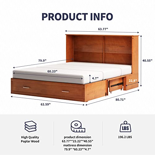 Zafly Cabinet Bed Queen,Murphy Bed Queen Size,Super Space-Saving Murphy Cabinet Bed,Murphy Bed Chest Queen Size With Large Drawers & Usb Charging Station & Folding Foam Mattress(Cherry) #TOP2