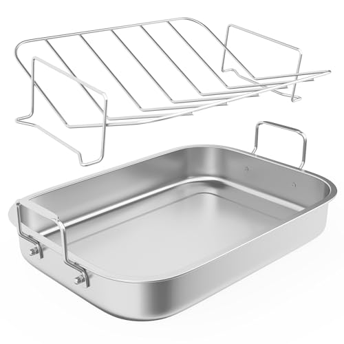 Sunvivi 15.6'' Roasting Pan with V-Shaped Rack, Rectangular Lasagna Pan with Handle, Non-Stick Stainless Steal Roaster for Turkey, Chicken, Vegetable, Lasagna, Heavy Duty & Dishwasher Safe
