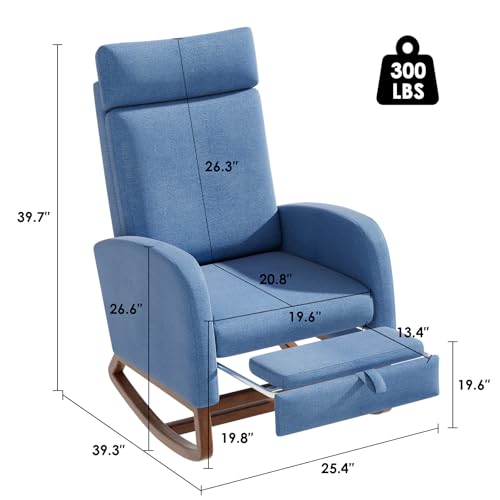 Image of Rocking Chair Nursery High Back Rest Glider Rocker with Footrest Nursing Rocking Chairs Upholstered Accent Arm Chair for Living Room Bedroom Indoor, Dark Blue