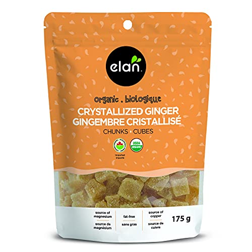 Elan Organic Ginger Chunks, 175g, Sulphite-free, Non-GMO, Vegan, Gluten-Free, Kosher, Crystallized Ginger Cubes, Ginger Chewy Snacks