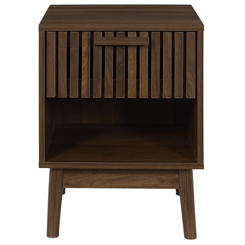 HOME DECO FACTORY - Mesita de Noche Elegante y Contemporánea con Cajón Estriado y Niche Abierta - Modelo Klaus - Ideal para Almacenamiento Práctico en tu Dormitorio - Madera Oscura - 46x13x41 cm