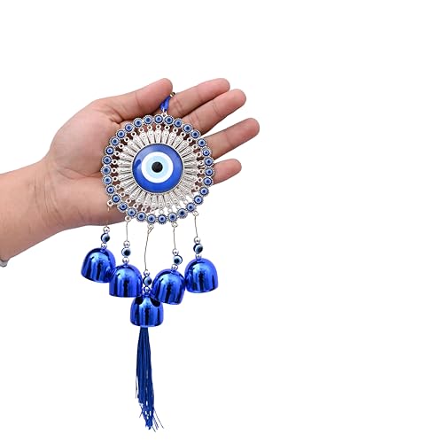 Image of Blue Evil Eye Wall Hanging with 5 Bells, Traditional Protection Charm, Decorative Tassel Ornament| Home Decor| Vastu| Nazar Protection|