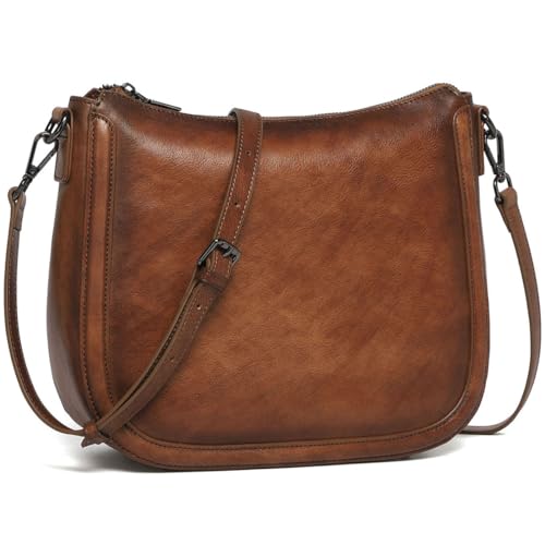 COOLCY Real Leather Crossbody Bags for Women Handbags Ladies Hobo Shoulder Purse Vintage Satchel Cross Body bag with 2 straps