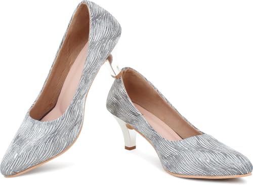 Image of Action Women's Suede Stiletto Pumps| Silver Textured Pattern| Gold Heel| Evening Antique