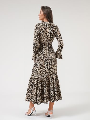DERAX Women's Fall Leopard Print Midi Dress Long Sleeve V Neck Ruffle Asymmetrical Hem High Slit Cocktail Party Dresses2