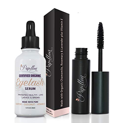 Papillon Organic Eyelash Growth Serum with Castor, Coconut & Avocado Oils + Vitamin E - Vegan Mascara (1 OZ / 30 ML)