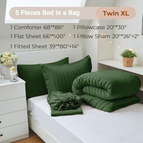 Image of MUXHOMO 5 Pieces Twin XL Comforter Set, Seersucker Bed in a Bag Twin XL Size, All Season Luxury Bedding Set with Comforter, Flat Sheet, Fitted Sheet, Pillowcase & Sham, Dark Green
