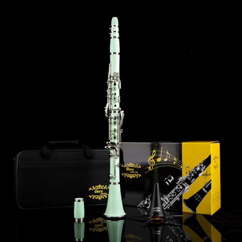 Glory GLY-CLAGN Professional Ebonite Bb Clarinet with 10 Reeds, Stand, Hard Case, Cleaning Cloth, Mouthpiece Brush and Pad Brush,Green