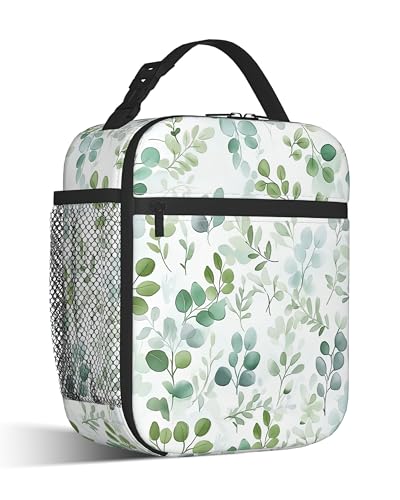 CXULIN Insulated Small Lunch Box,Eucalyptus Leaves Reusable Lunch Bag for Kids Adult Women,Watercolor Green Leaf Large Capacity Portable Thermal Bag with Mutiple Pockets for School,Work,Picnic