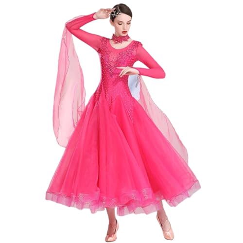 NAKOKOU Ballroom Dance Dress for Womens Waltz Costume Modern Competition Outfit(Rose Red,3XL)