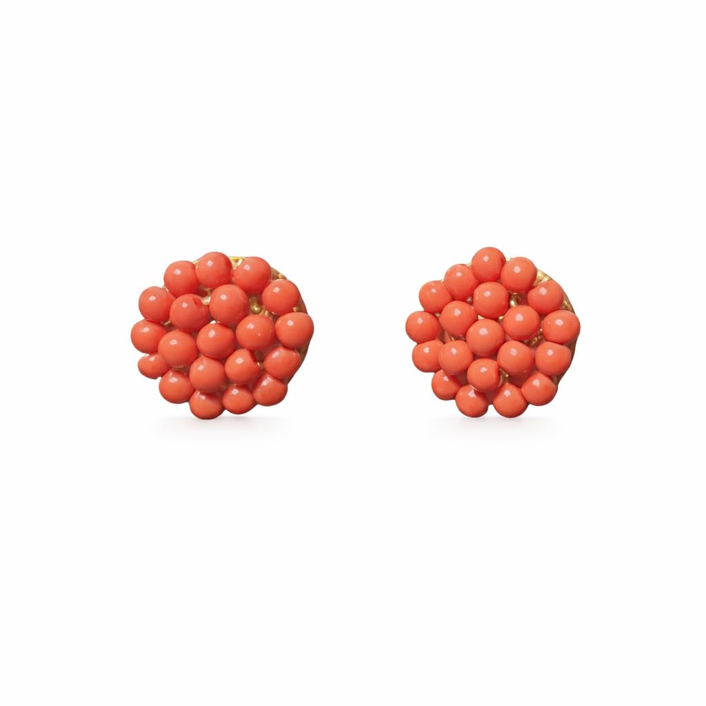 MAHEK PEARLS Coral Beaded Cluster Stud Earrings, Round Shape, Orange Red