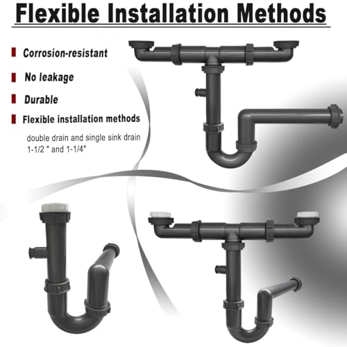 1-1/2\" Double Sink Drain Pipe Kit with P-Trap, Wall-Outlet, Complete Plumbing Replacement for Double Kitchen Sinks