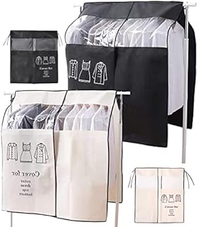 Garment Covers TAIZER 2PCS Cover Clothes Rack Dustproof Clothes Covers Protection Against Moisture Clothes Cover Clear Breathable Waterproof Garment Covers Bags with Magic Tape Beige Black 90 ×110cm