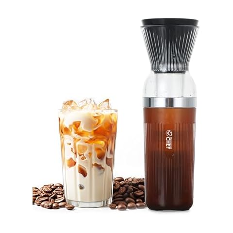 Commercial Chef Quick Cold Brew Coffee Maker, Battery Powered Coffee Maker with Fast Extraction, USB Rechargeable Portable Cold Coffee Machine Maker with 14 Oz. Jar with Lid Cover
