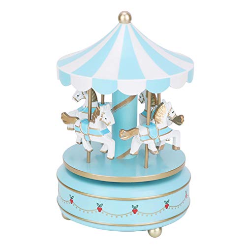 Nikou Windup 4 Chevaux carrousel boîte à Musique Artware, manège boîte à Musique carrousel Cadeau noël Mariage Anniversaire Cadeau décor(Bleu)