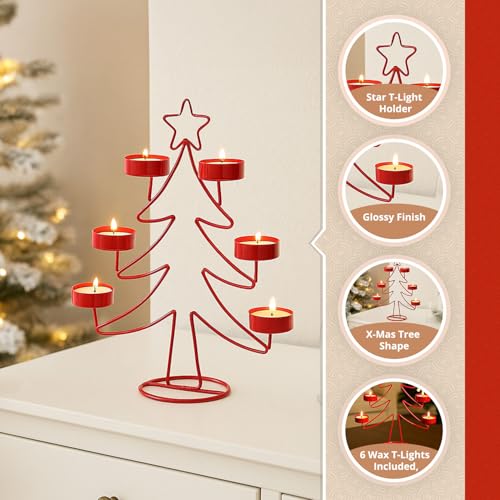 Image of MARKET 99 X-Mas T-Lite Holder with 6 Wax T-Lites Included Red Metal Xmas & Christmas Tree Design Glossy Candle Holder for Home, Living Room, Bedroom, Tabletop & Festival Decor