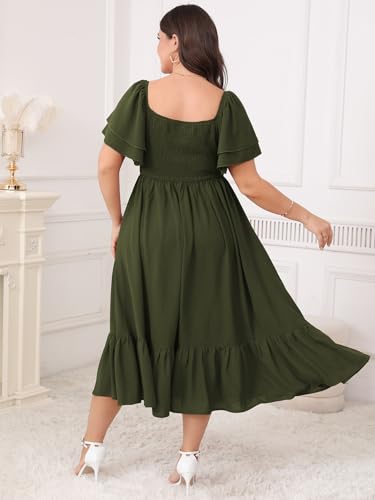 Image of SCOMCHIC Womens Plus Size Wedding Guest Cocktail Dresses Sweetheart Neckline Short Sleeve Smocked Ruffle Slit Maxi Dress